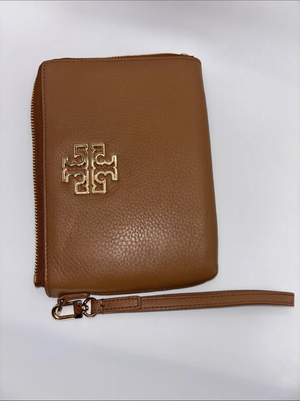 Tory Burch Caramel Leather Logo Wristlet